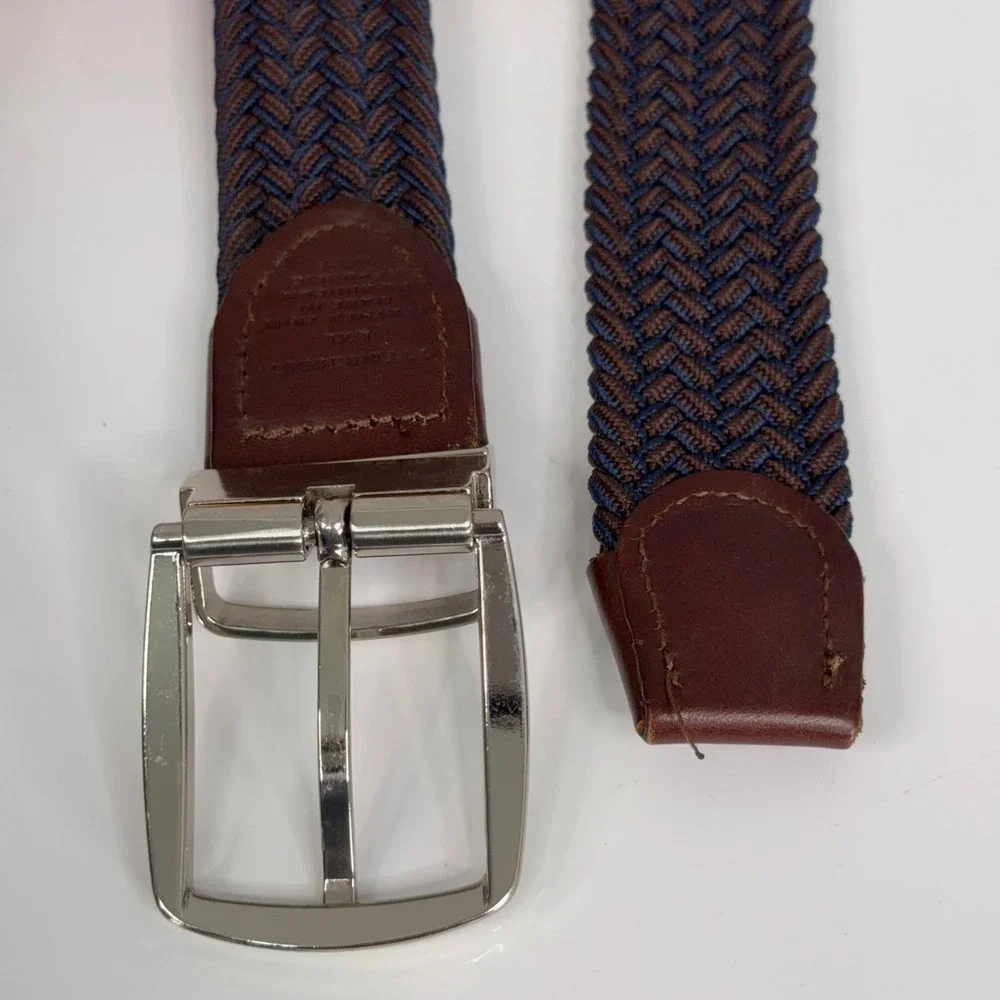 Tommy Bahama Belt Mens L/XL Blue Brown Braided Woven Leather Trim Casual Coastal